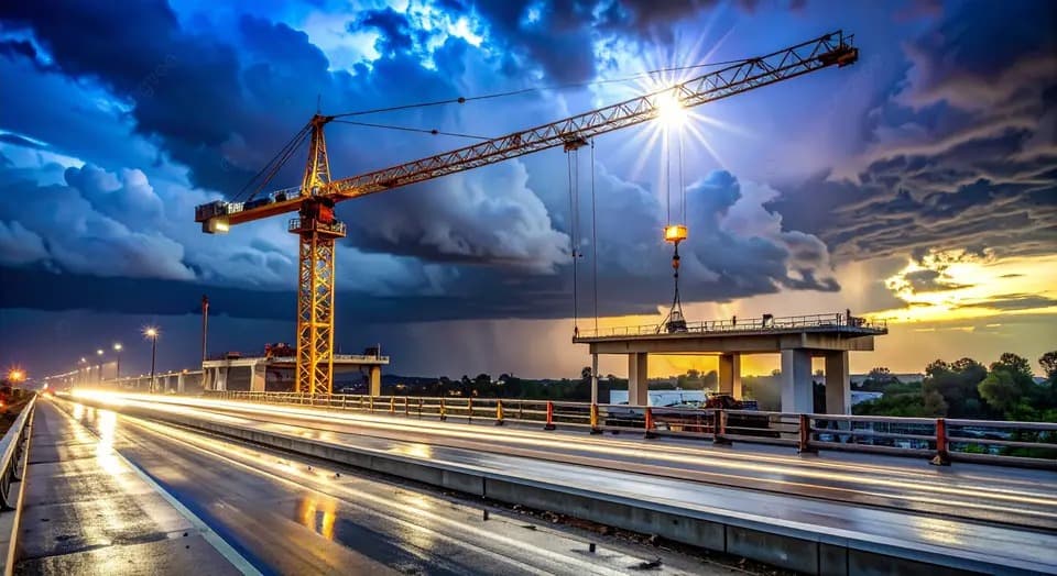 Bridge construction at dusk with a tower crane — infrastructure Metro Associates staffs